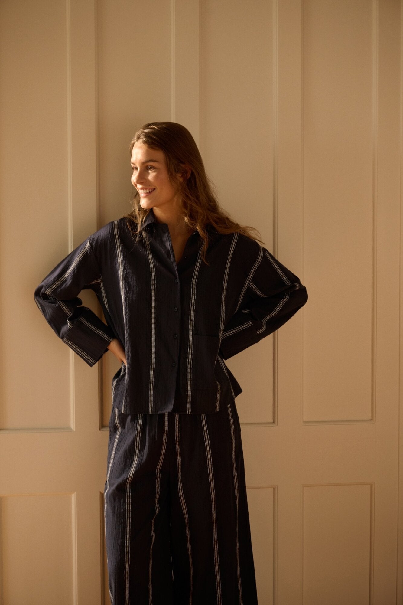 Storie Stripe bukser - Dark Navy/White